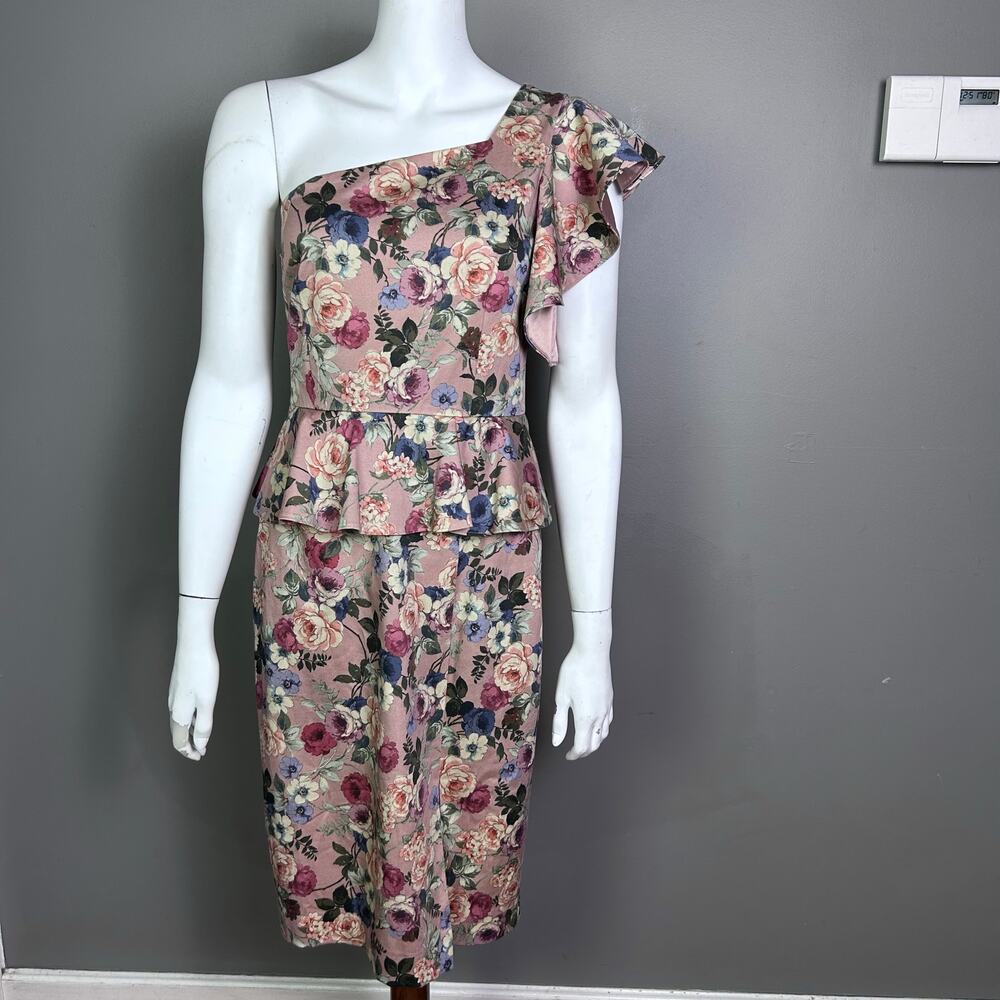 Gianni Bini dress‎ size 4 one shoulder ruffle dramatic floral peplum retro